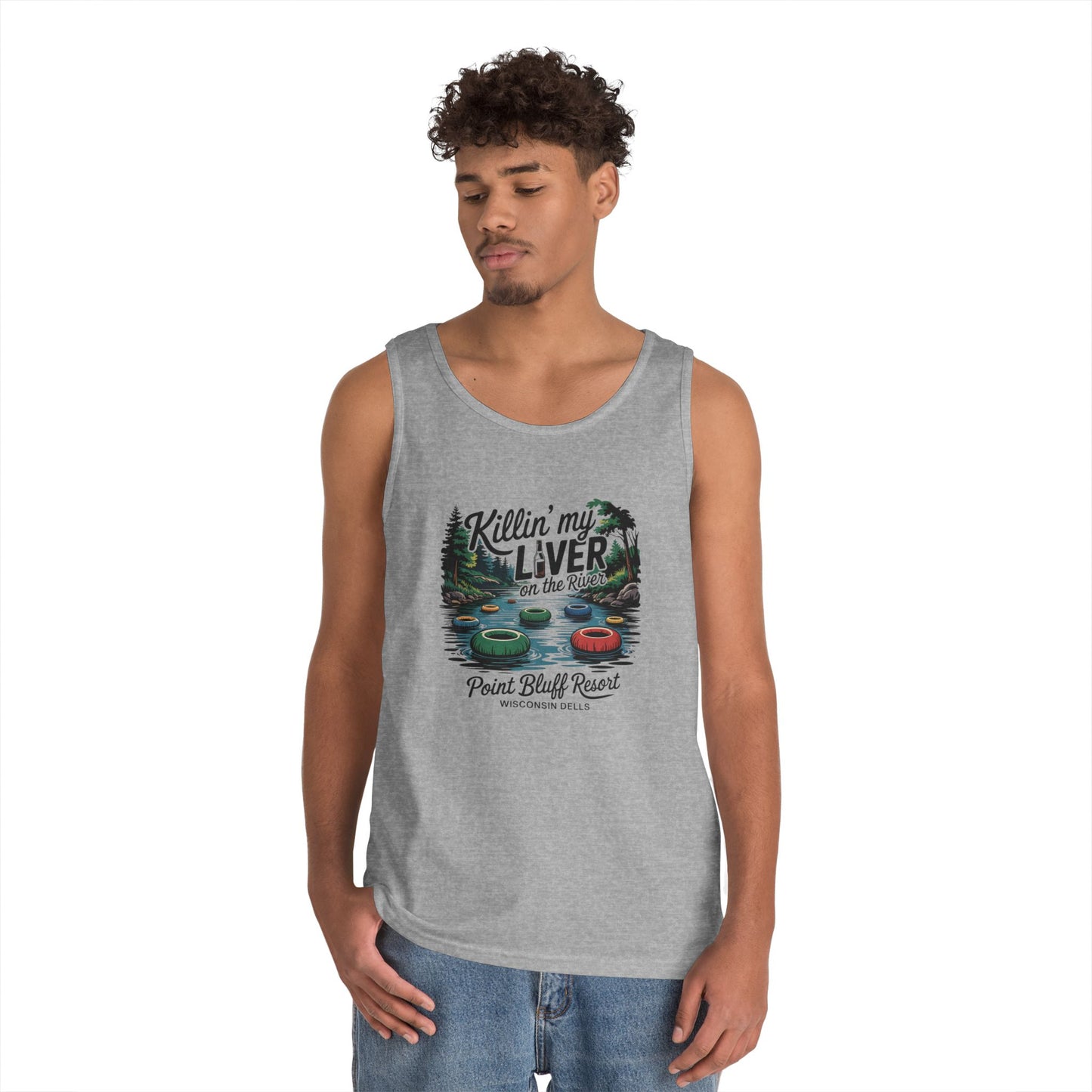Unisex Heavy Cotton Tank Top - 'Killin' My Liver on the River' Design