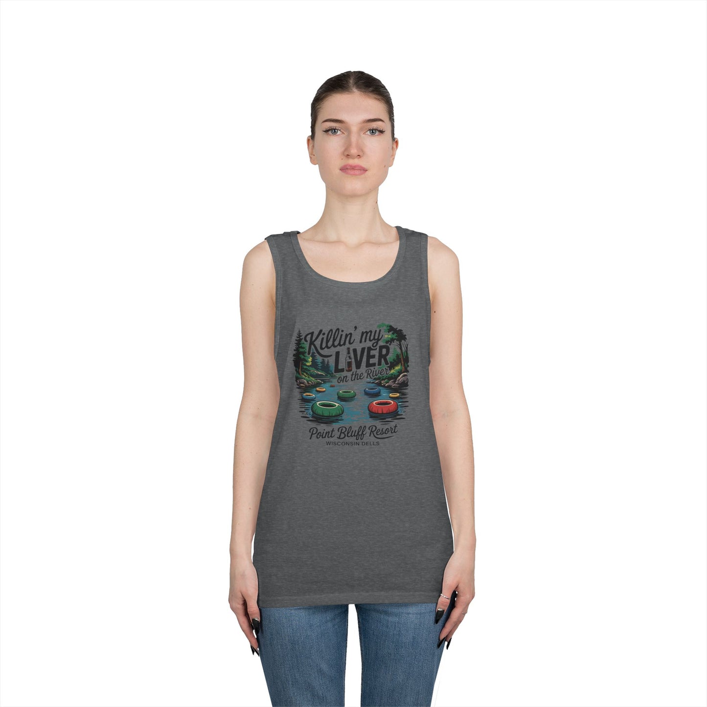 Unisex Heavy Cotton Tank Top - 'Killin' My Liver on the River' Design