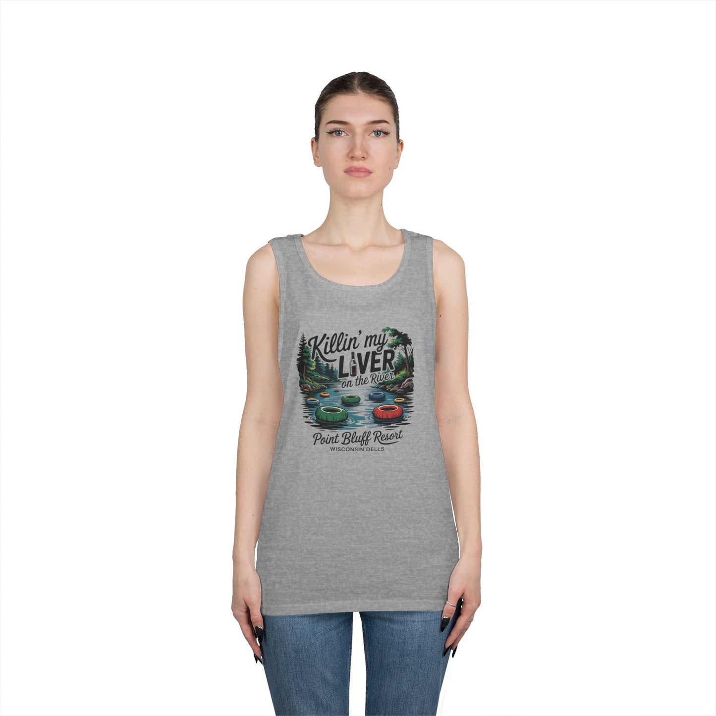 Unisex Heavy Cotton Tank Top - 'Killin' My Liver on the River' Design