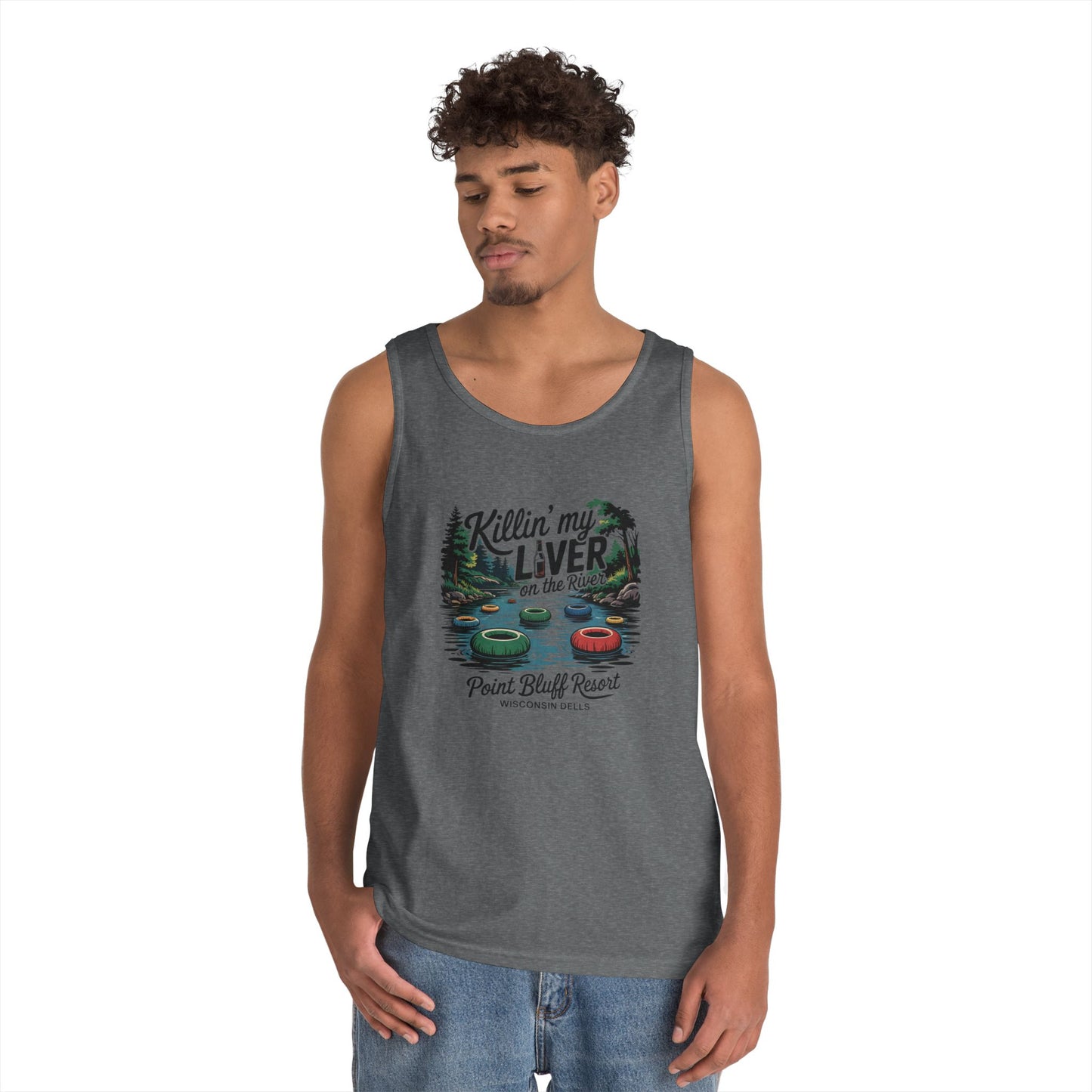 Unisex Heavy Cotton Tank Top - 'Killin' My Liver on the River' Design
