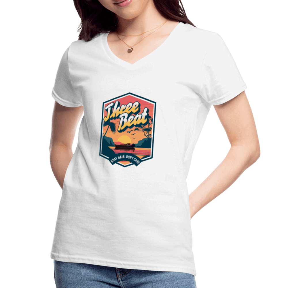 Three Beat Boat Hair Women's V-Neck T-Shirt - white
