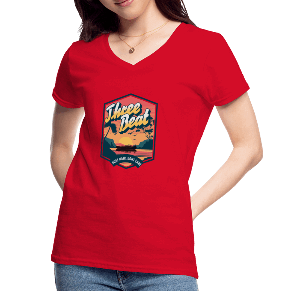 Three Beat Boat Hair Women's V-Neck T-Shirt - red