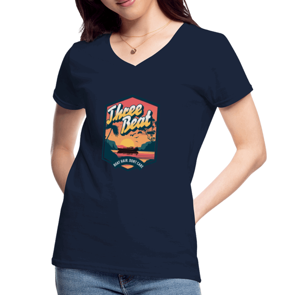 Three Beat Boat Hair Women's V-Neck T-Shirt - navy