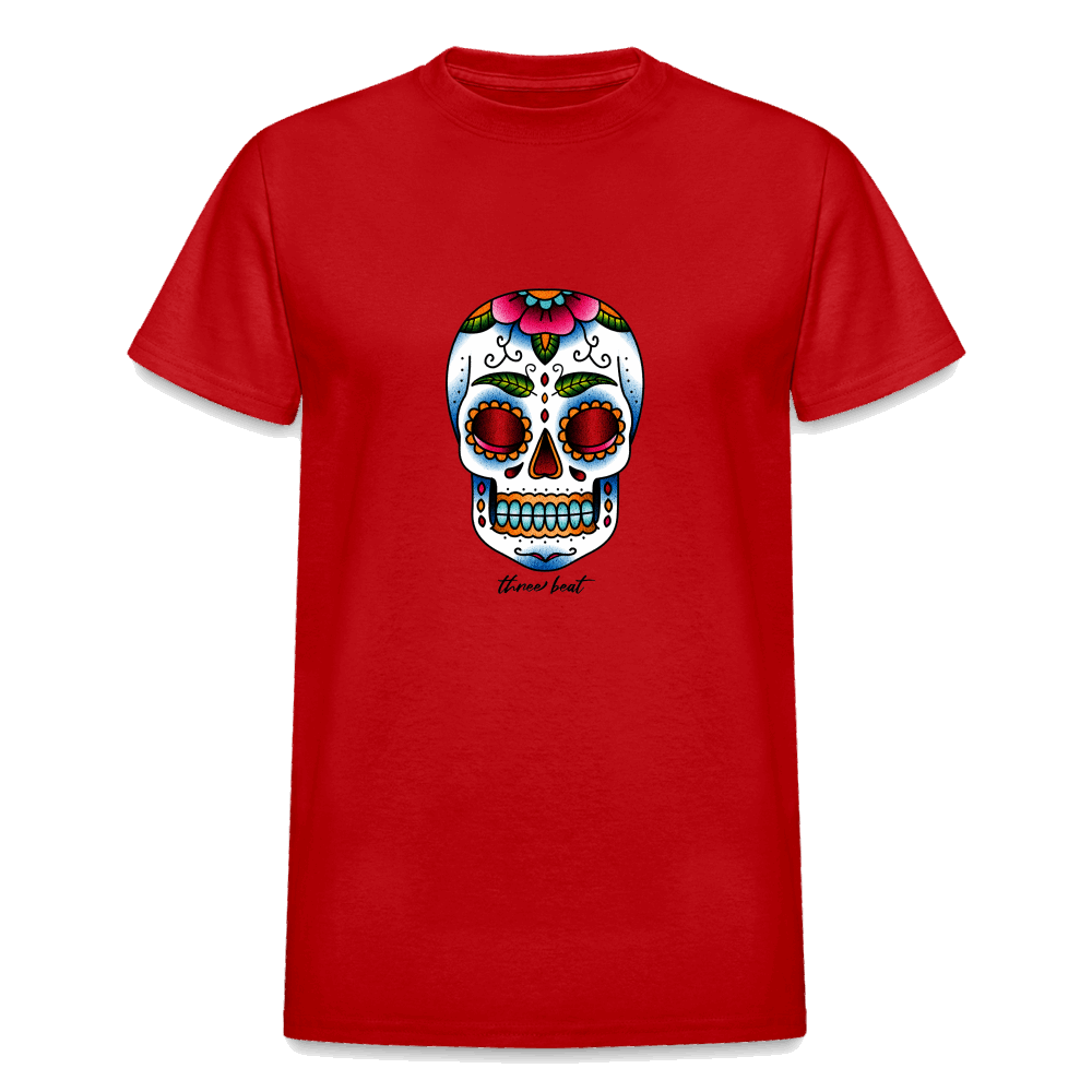 Three Beat Skull Adult T-Shirt - red